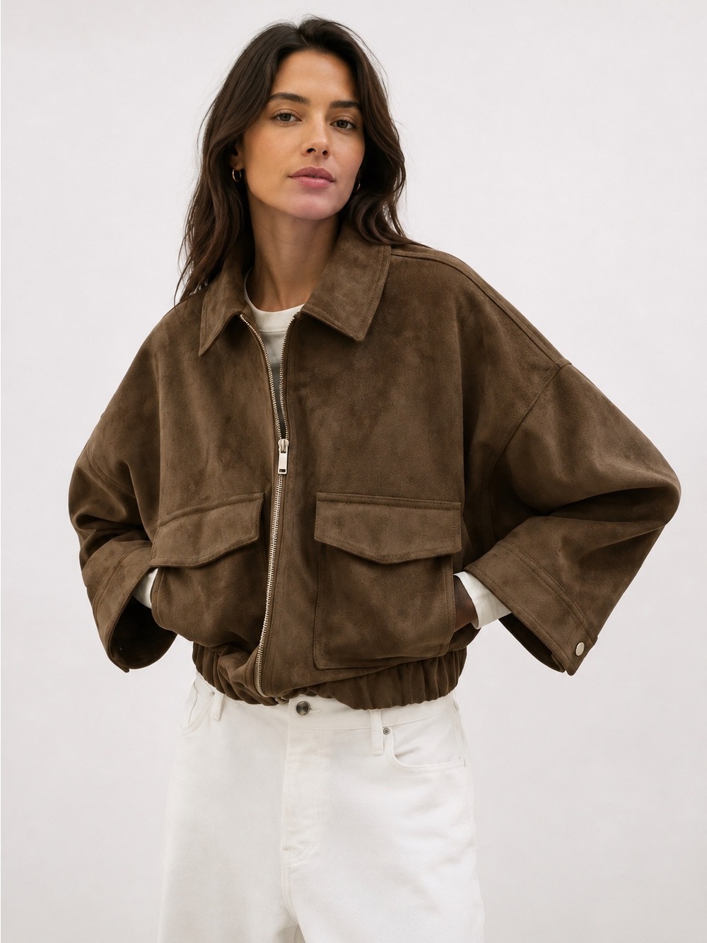 Zara NWT Brown Faux Suede Utility Zip Jacket Oversized Cropped Shacket